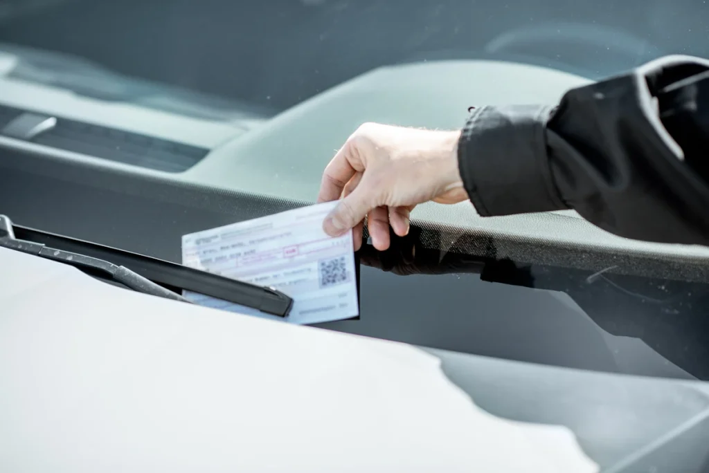 Un homme qui prend une amende de stationnement sur le parebrise d'une oiture